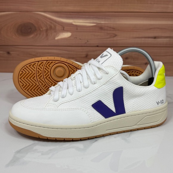 Veja Other - Veja V-12 Low Top Sneakers White Leather Mesh Purple Yellow Women's size 9